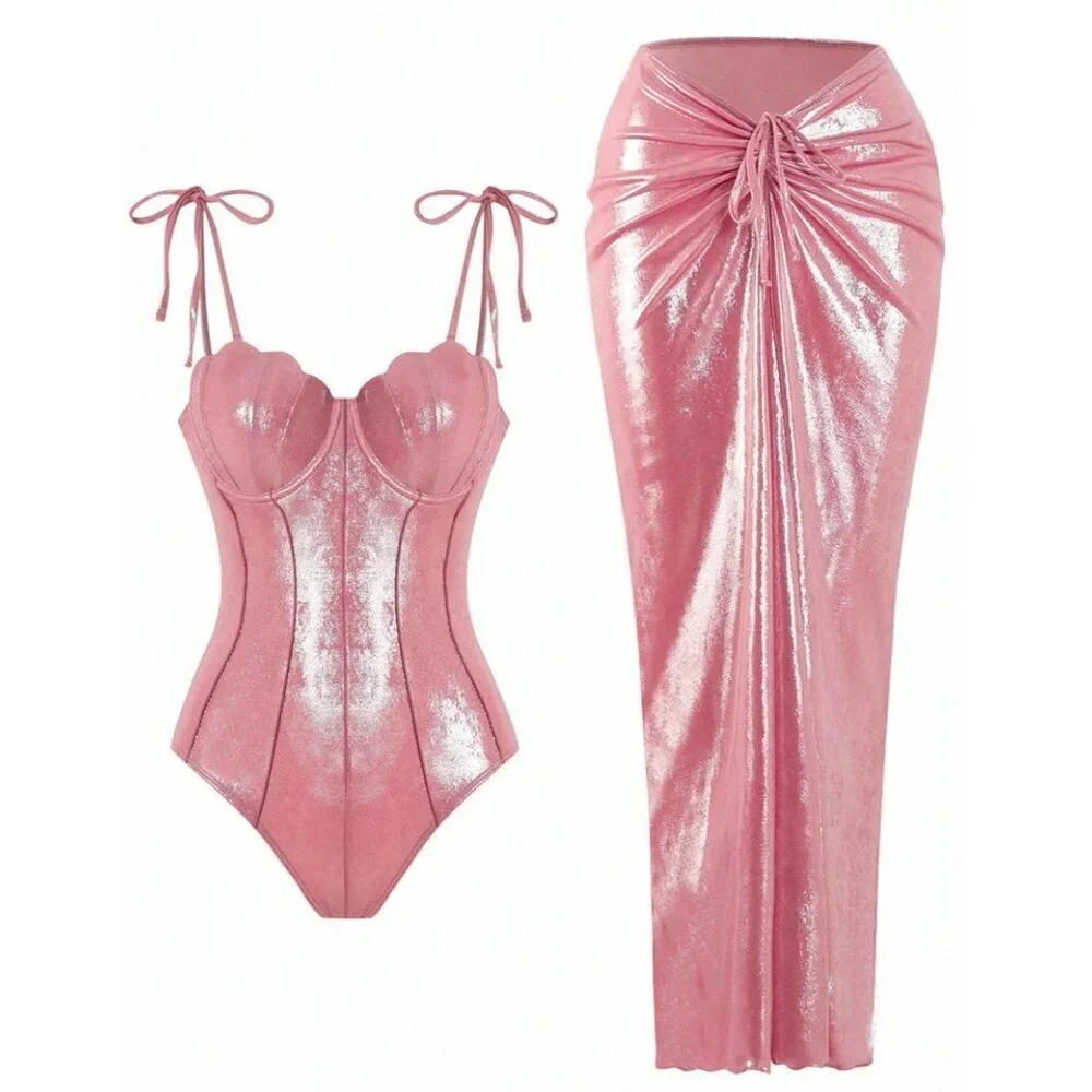 Pink High-End Sexy Women's Shiny Shell Push-Up One-Piece swimsuit w/ coverup